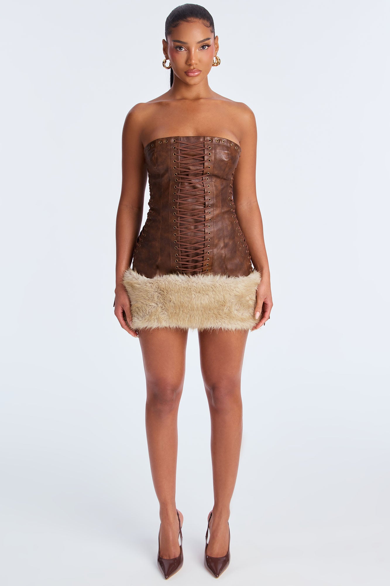 Faux Leather Fur Trim Mini Dress (Brown) image 2