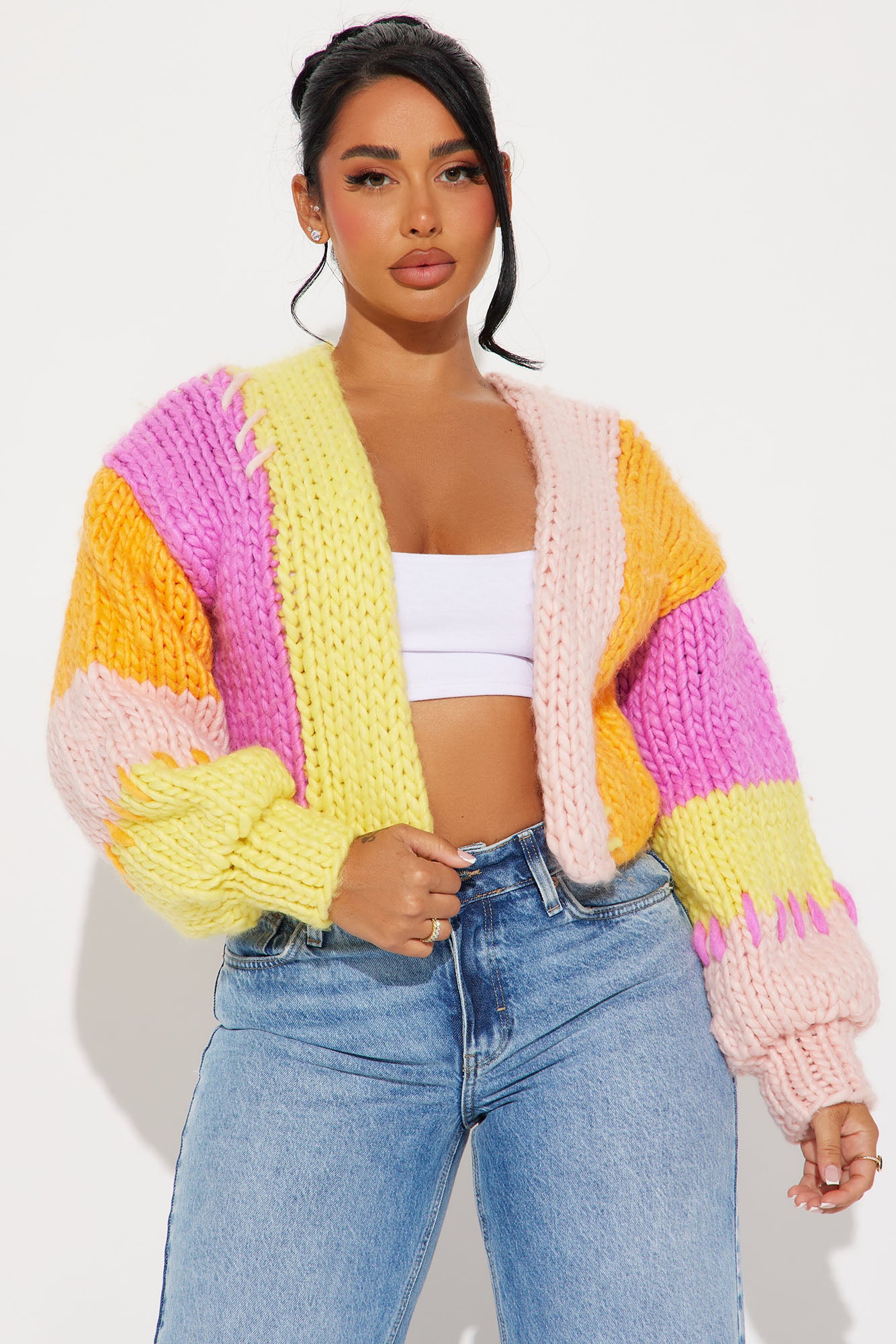 Knit Color Block Cropped Cardigan (Pink/combo)
