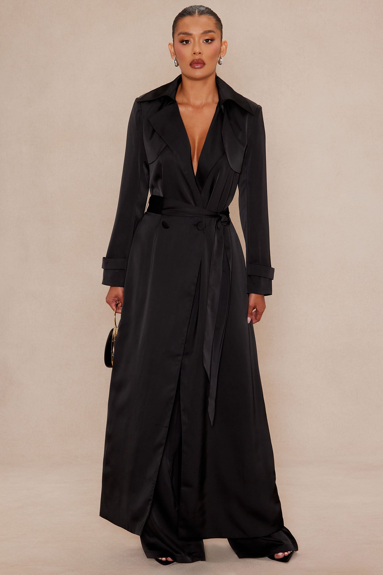 Satin Trench Coat And Pant Set (Black)