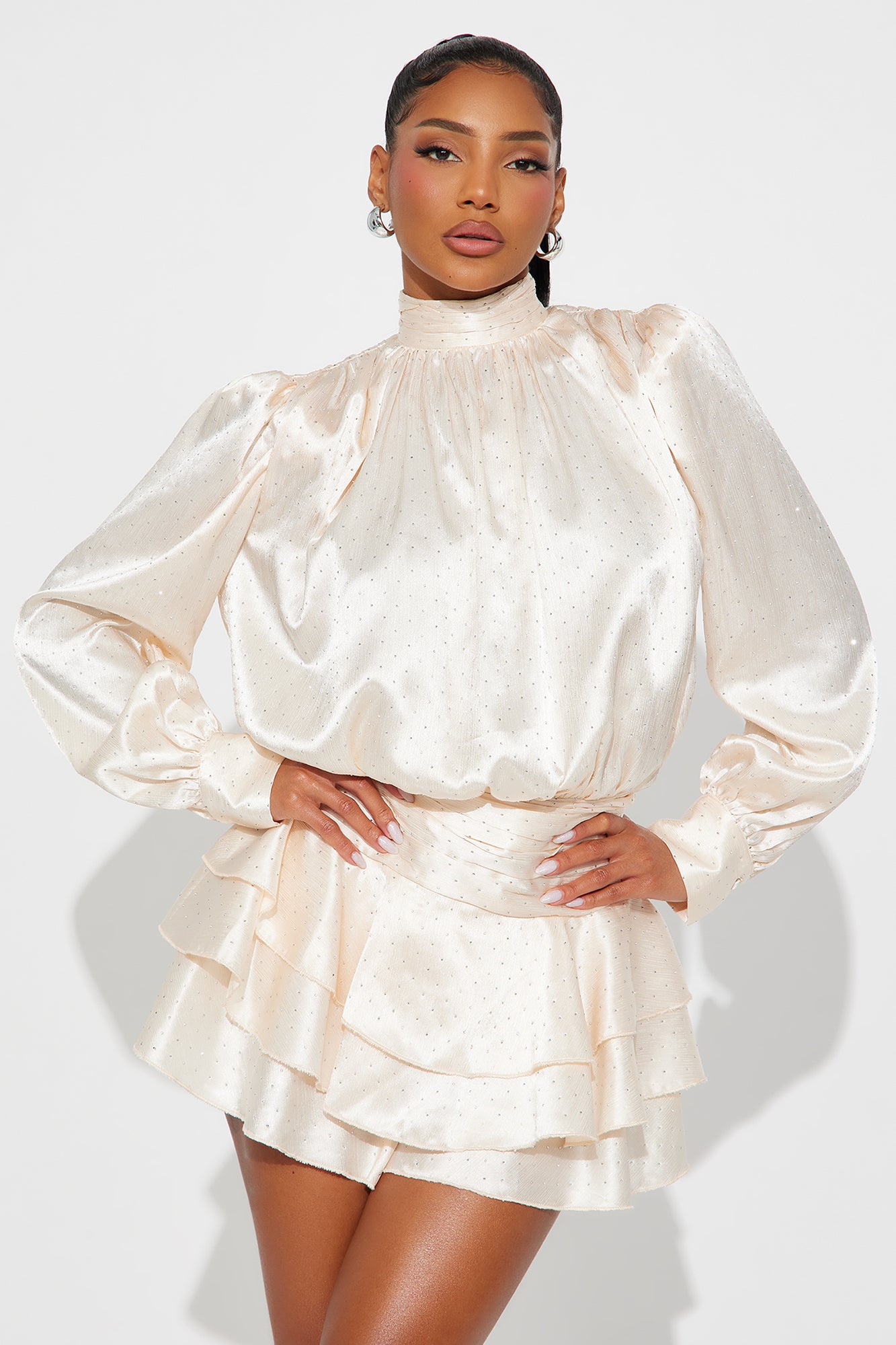 Satin Long Sleeve Romper (Cream) image 2
