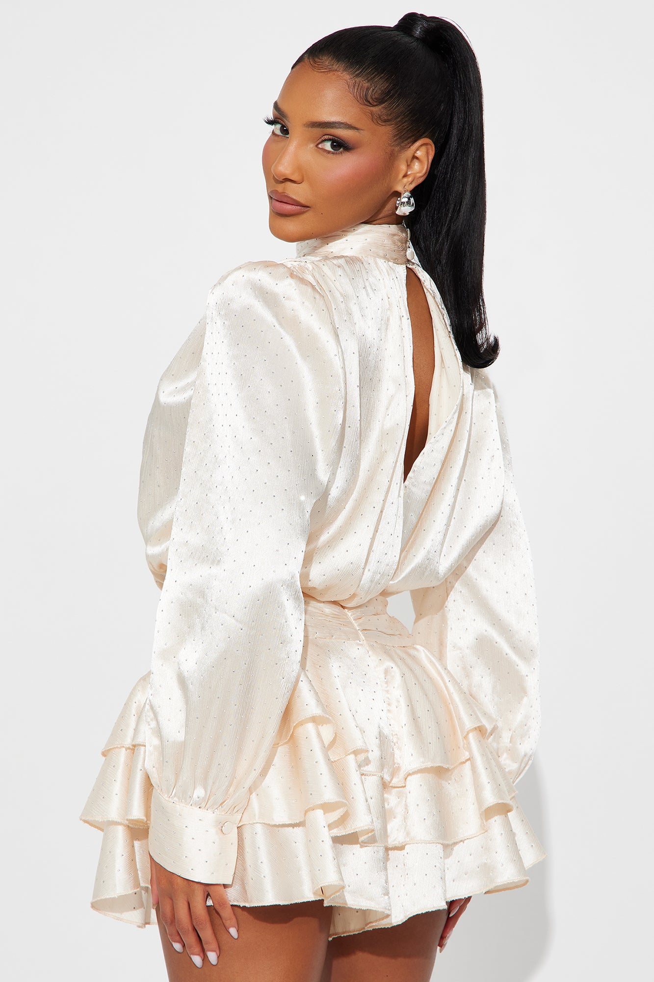 Satin Long Sleeve Romper (Cream) image 3