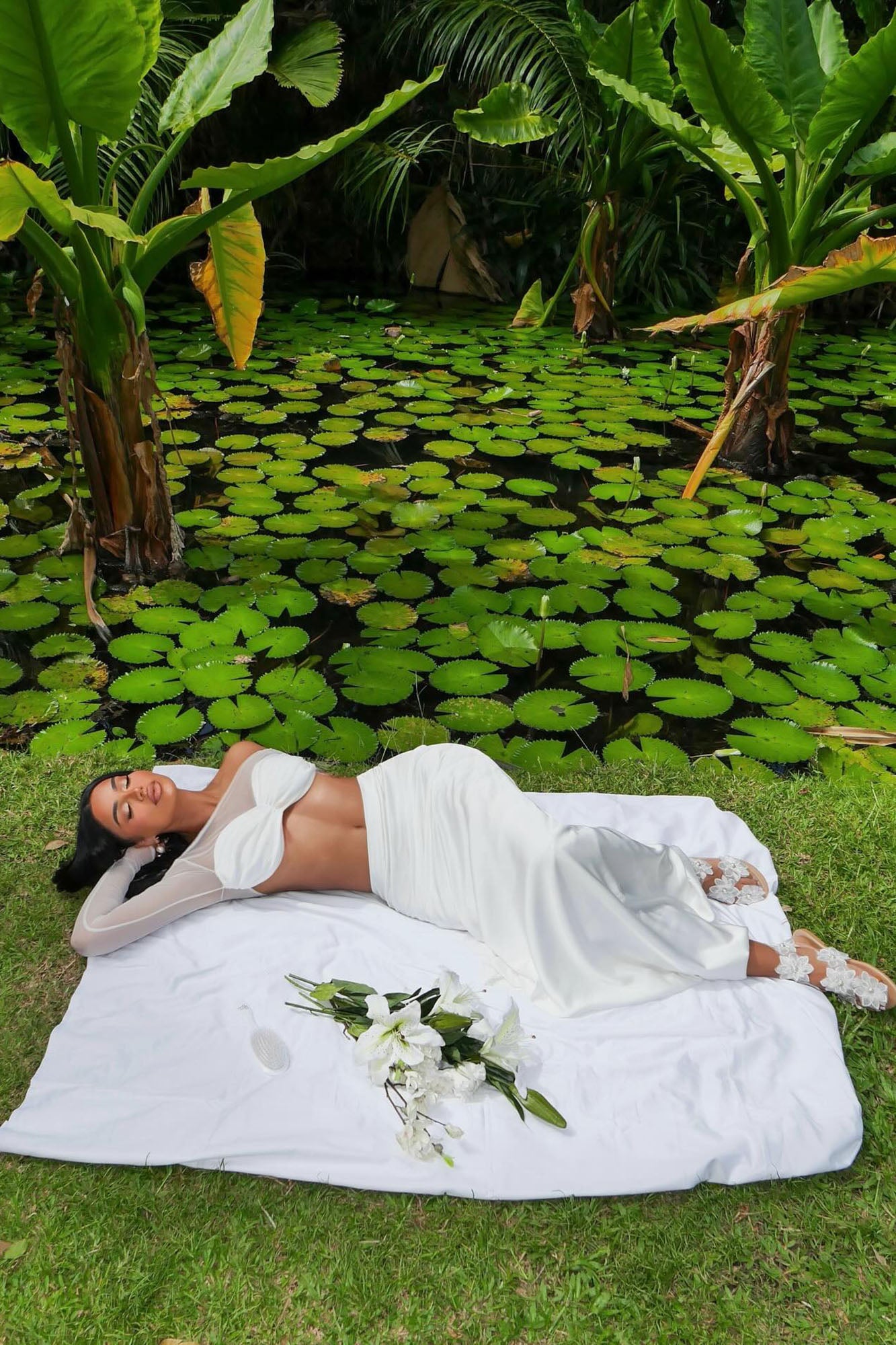 Satin Mesh Long Sleeve Maxi Skirt Set (Off White)