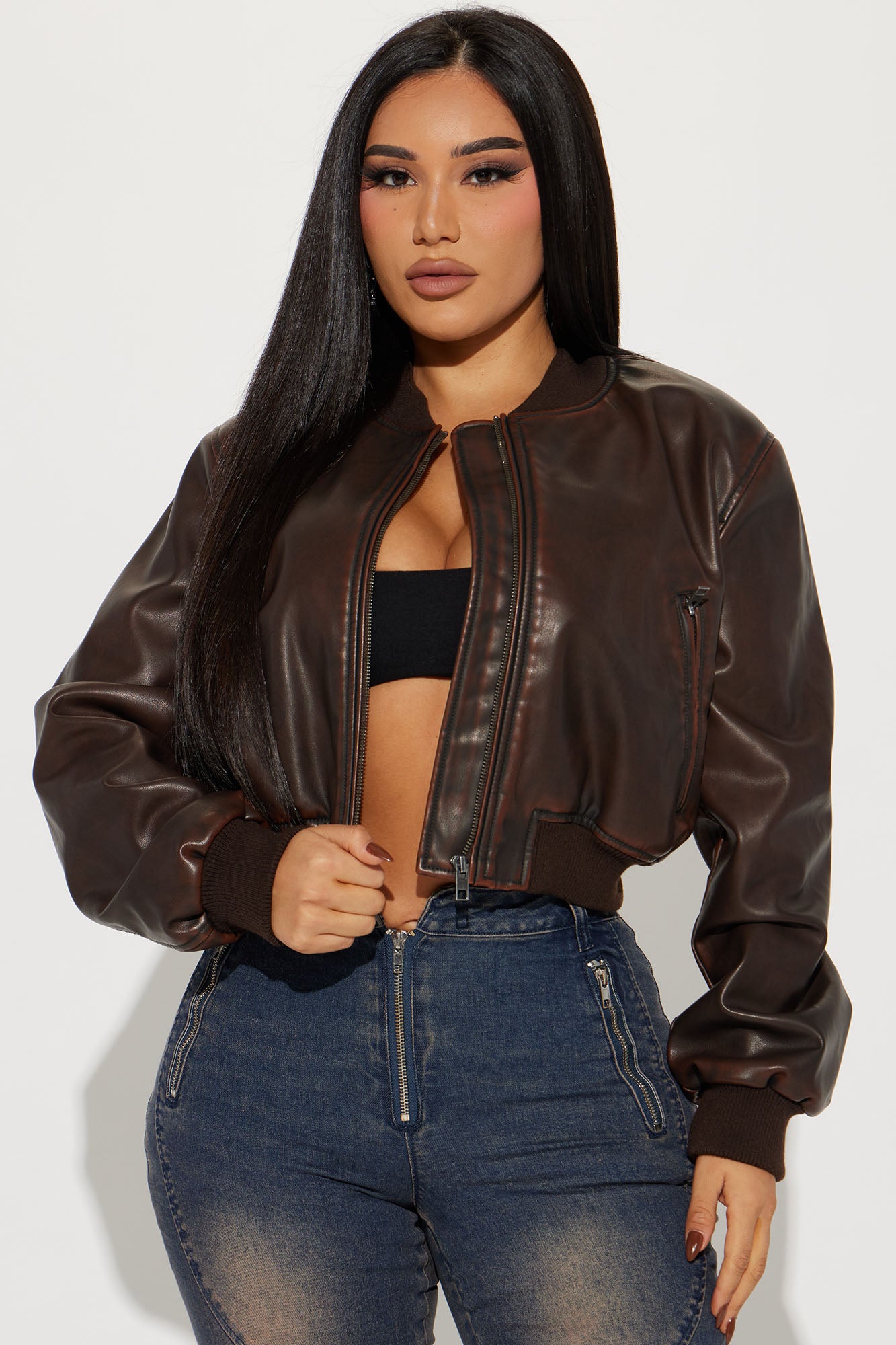 Faux Leather Bomber Jacket (Brown)