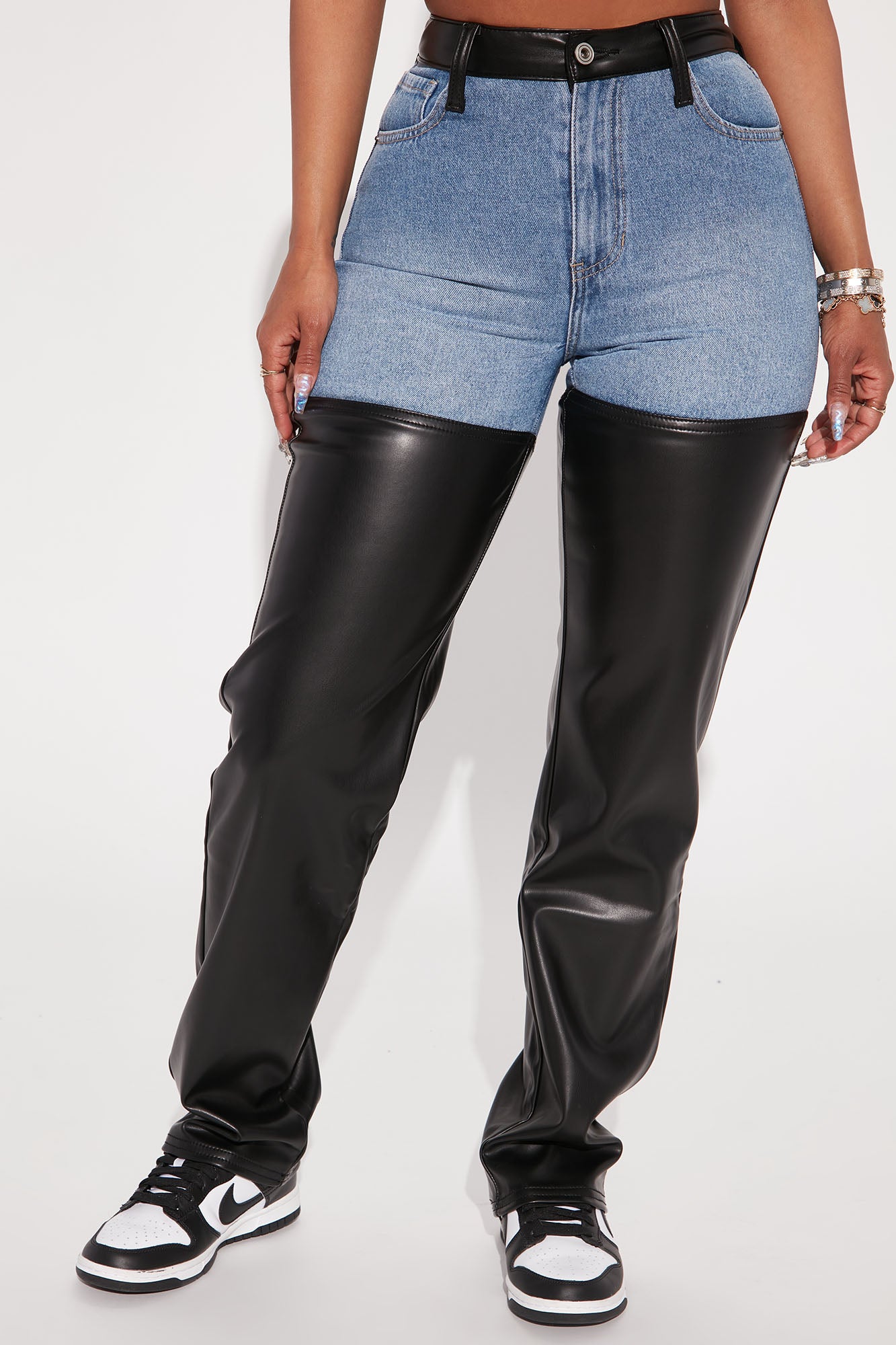 Faux Leather Denim High Rise Straight Leg Jeans (Medium Blue Wash)