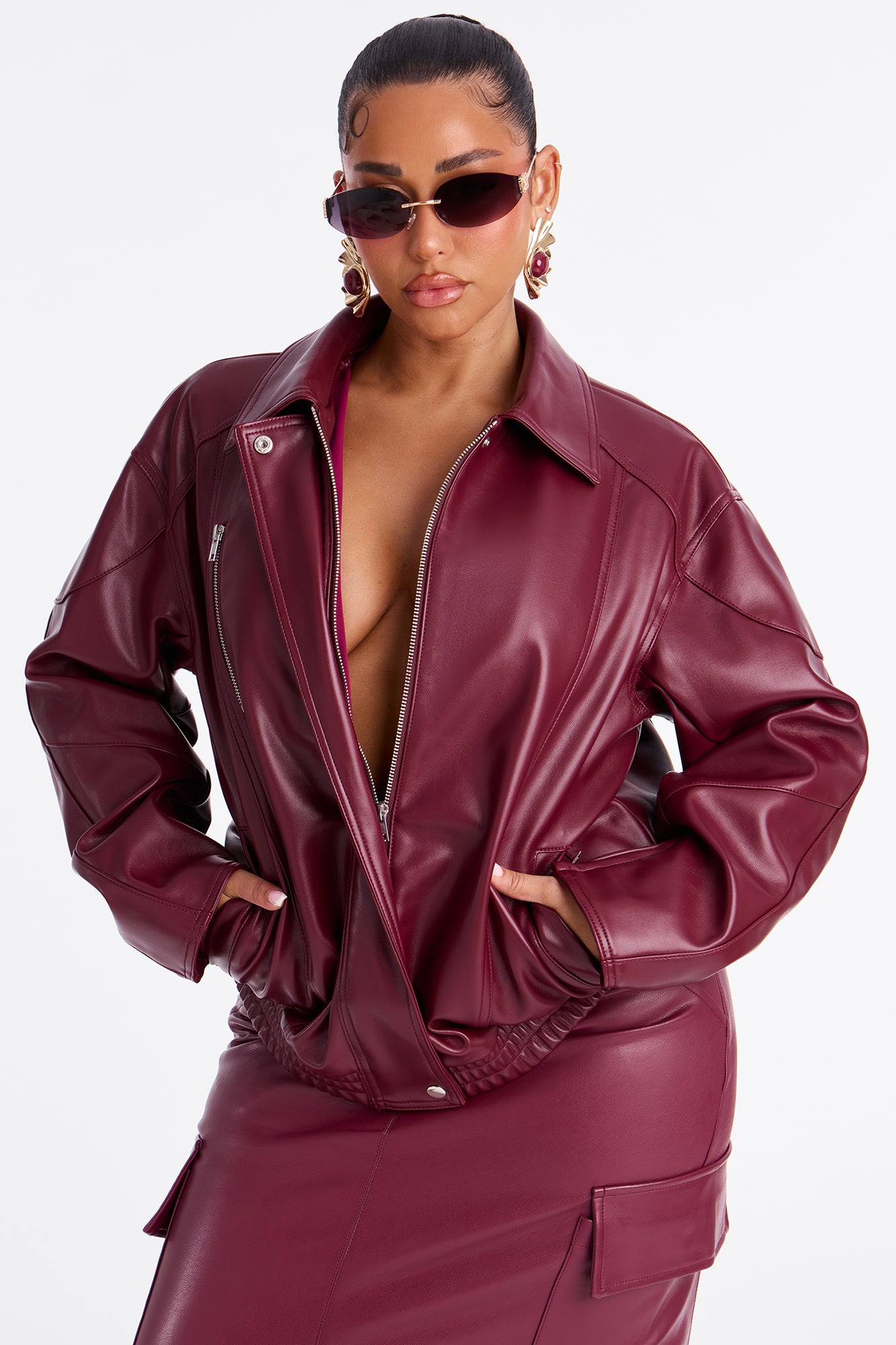 Faux Leather Bomber Jacket (Burgundy)