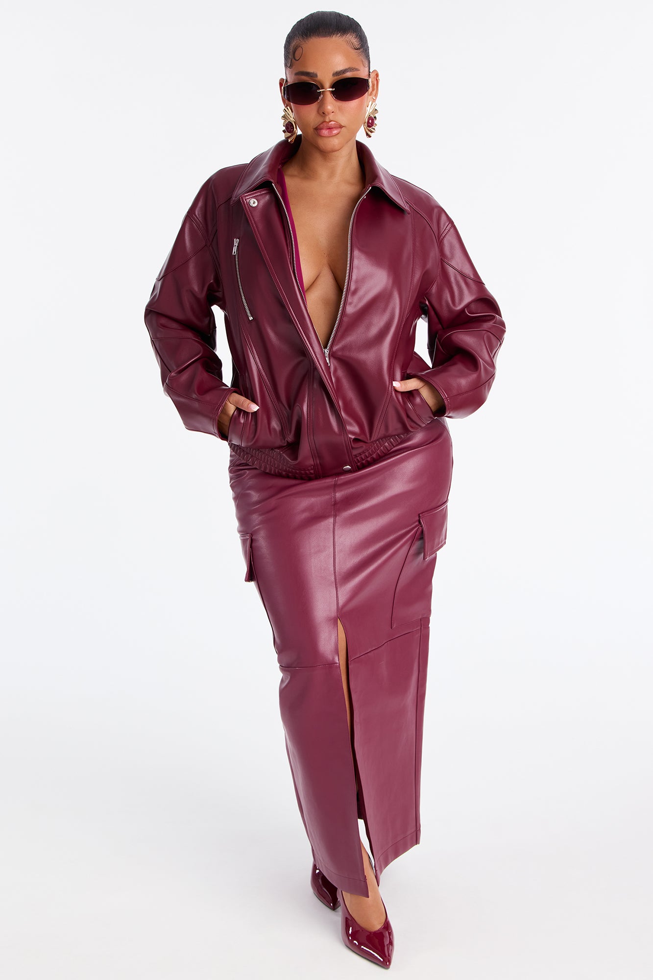 Faux Leather Bomber Jacket (Burgundy) image 2