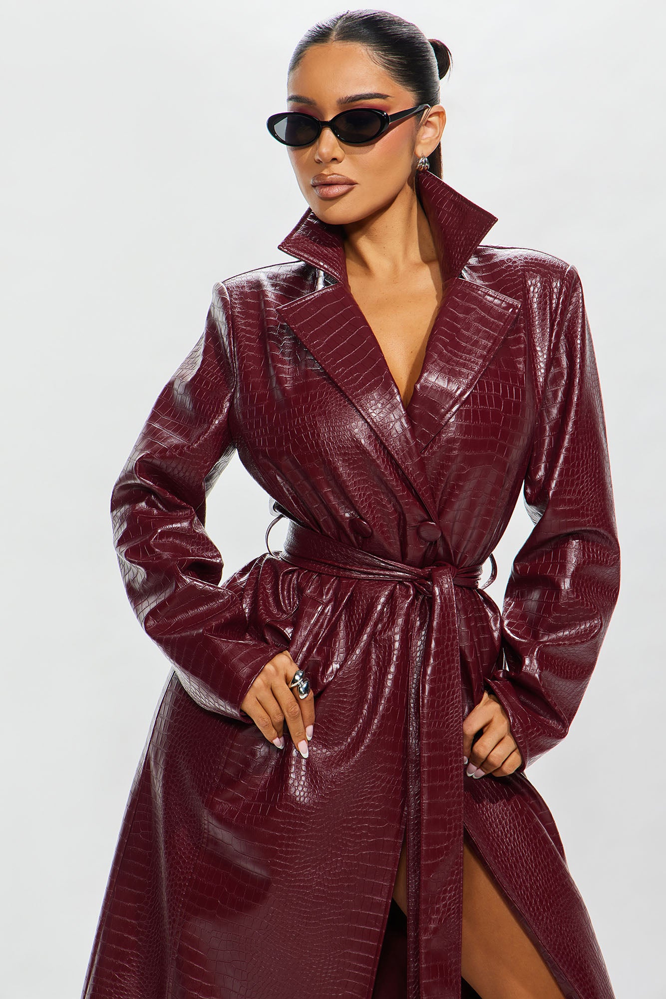Faux Leather Trench Coat (Burgundy)