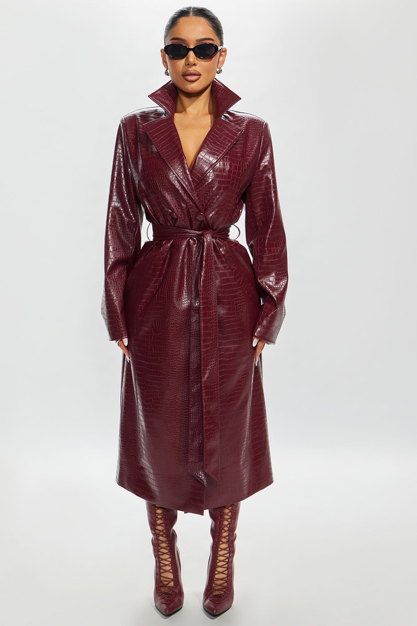 Faux Leather Trench Coat (Burgundy) image 2