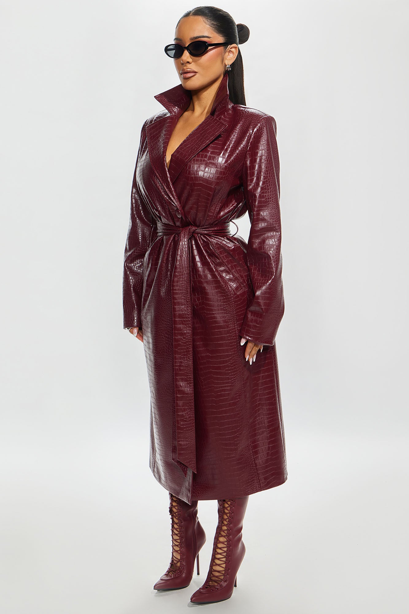 Faux Leather Trench Coat (Burgundy) image 3