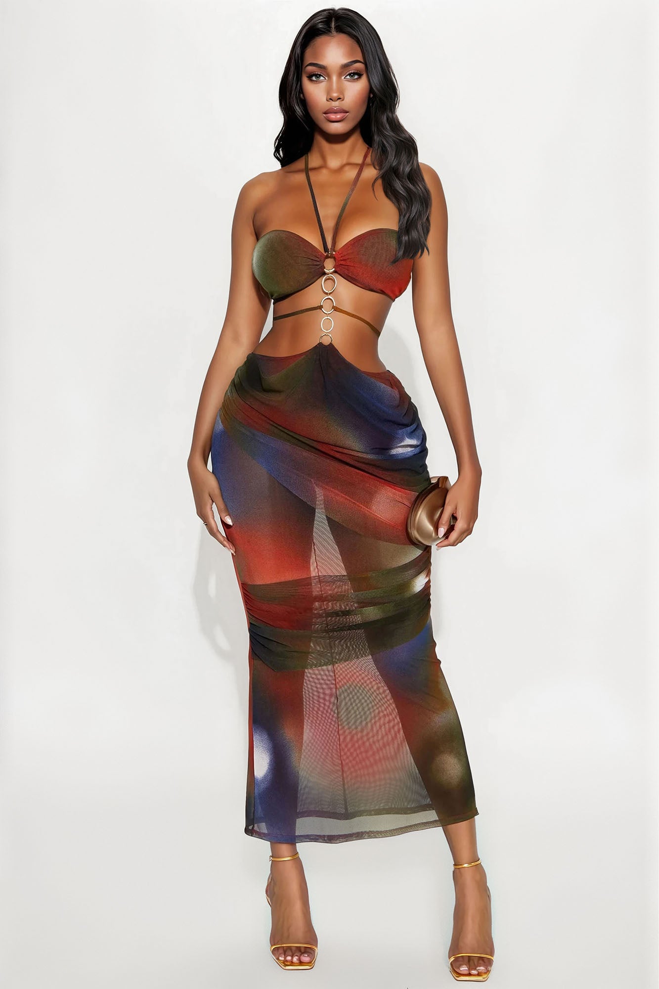 ellen draped mesh abstract maxi dress multi