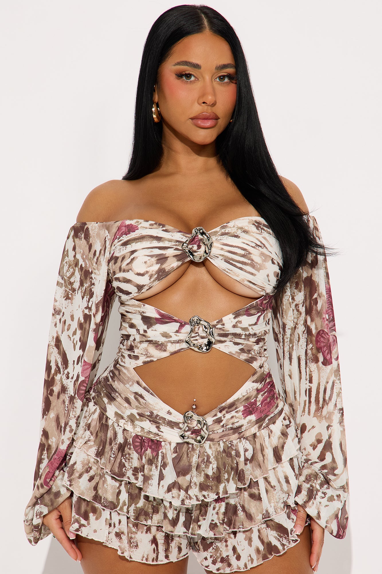 Mesh Off Shoulder Romper (Brown/combo)