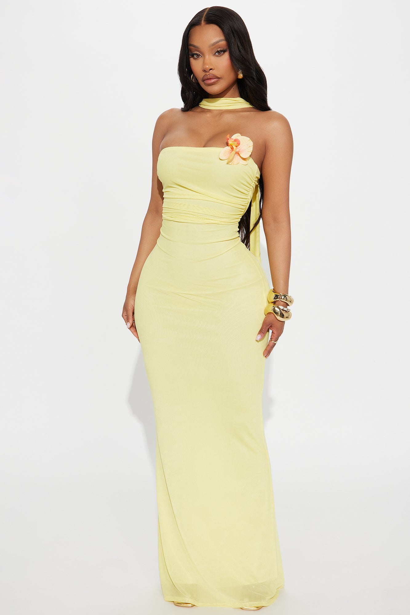 Mesh Strapless Maxi Dress (Yellow)
