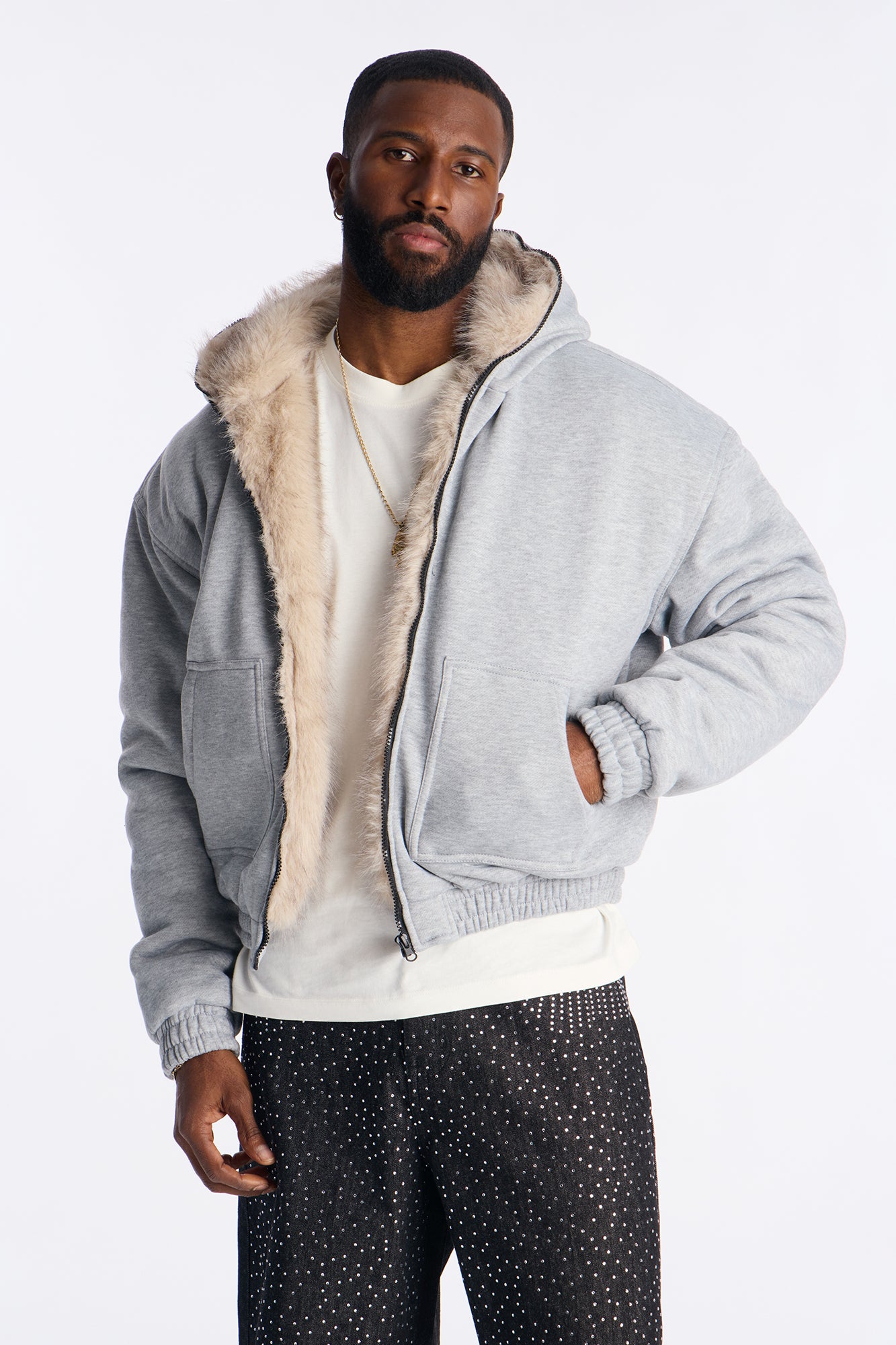 Faux Fur Hooded Zip Up Hoodie (Grey)