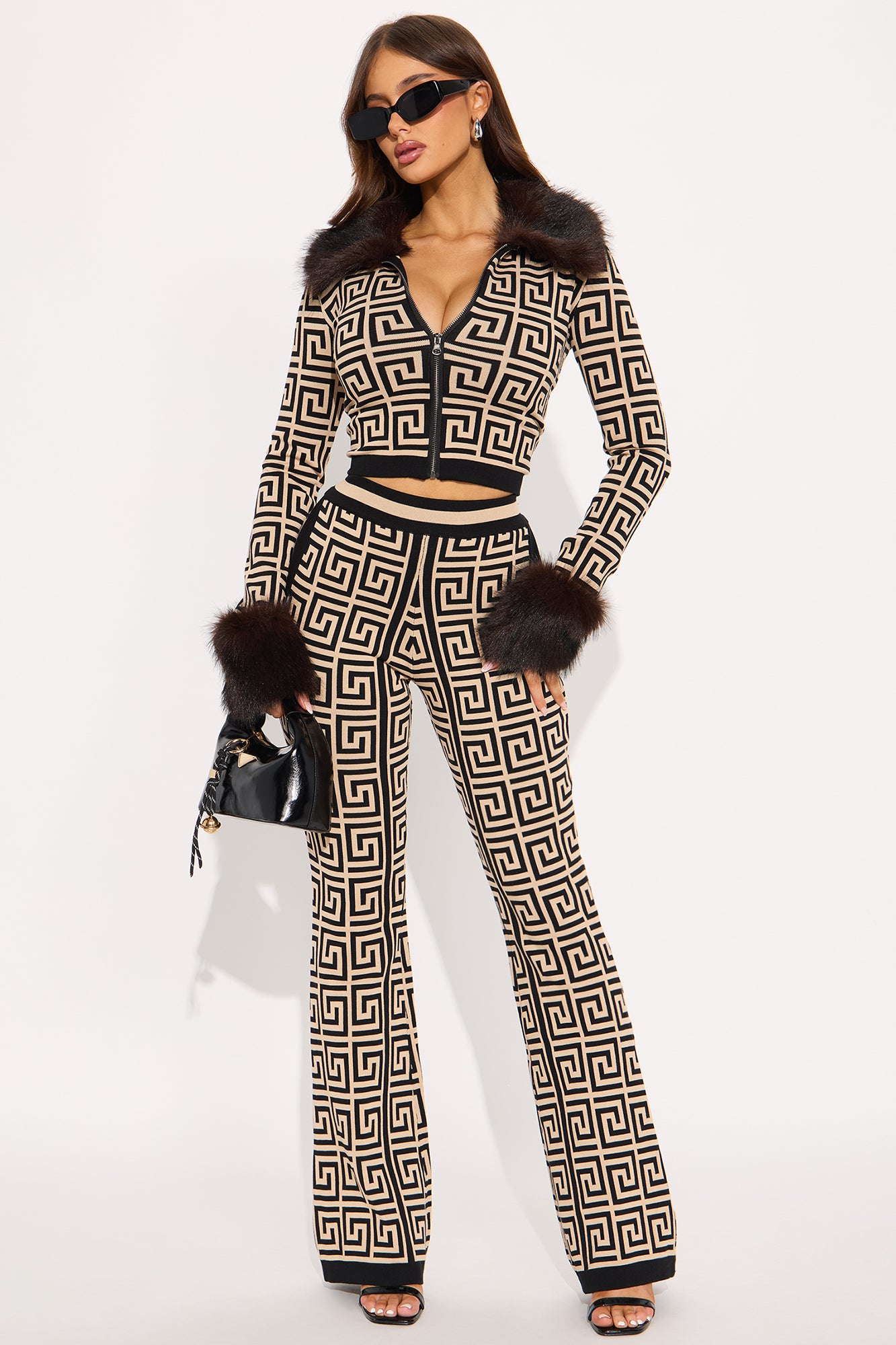 Faux Fur Trim Sweater Pant Set (Taupe/combo)