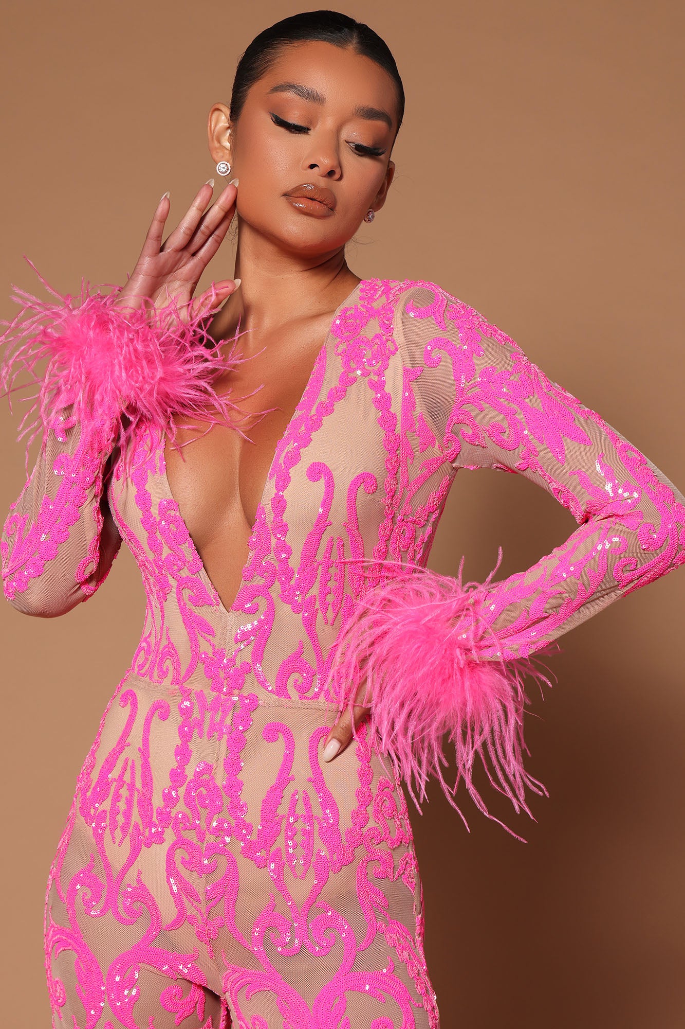 Sequin Feather Jumpsuit (Pink) image 2