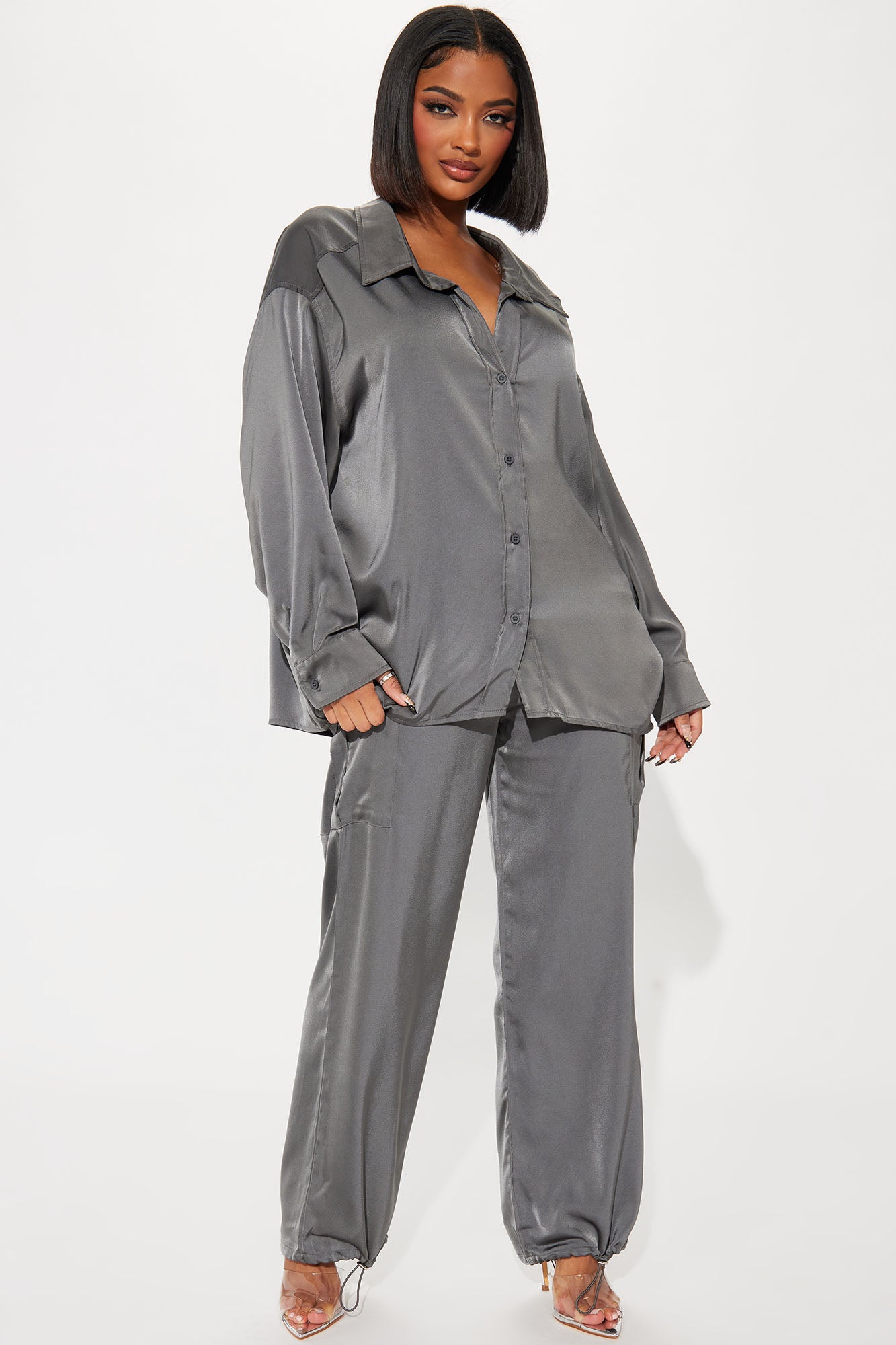 Satin Cargo Pant Set (Grey)