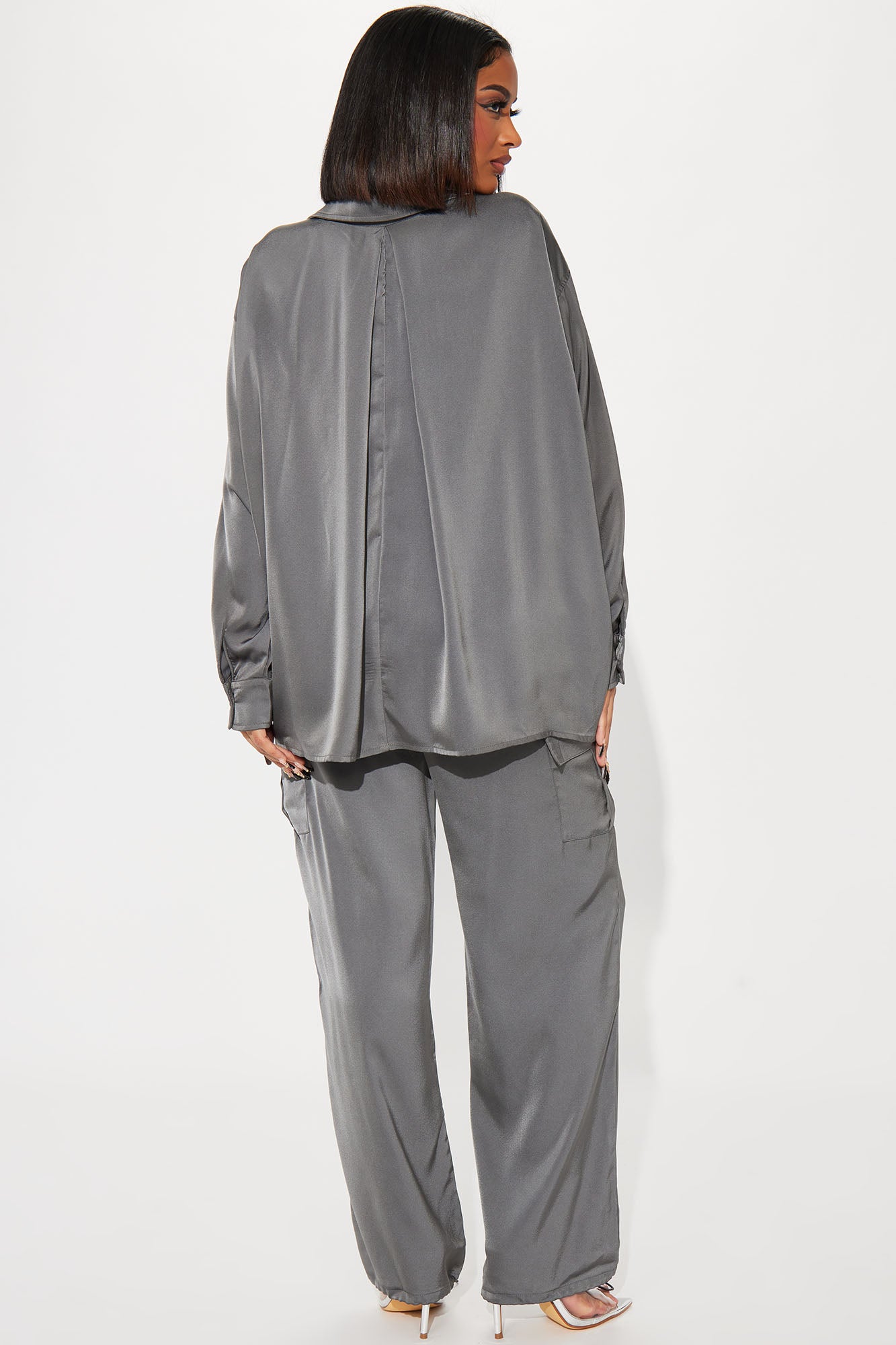 Satin Cargo Pant Set (Grey) image 3