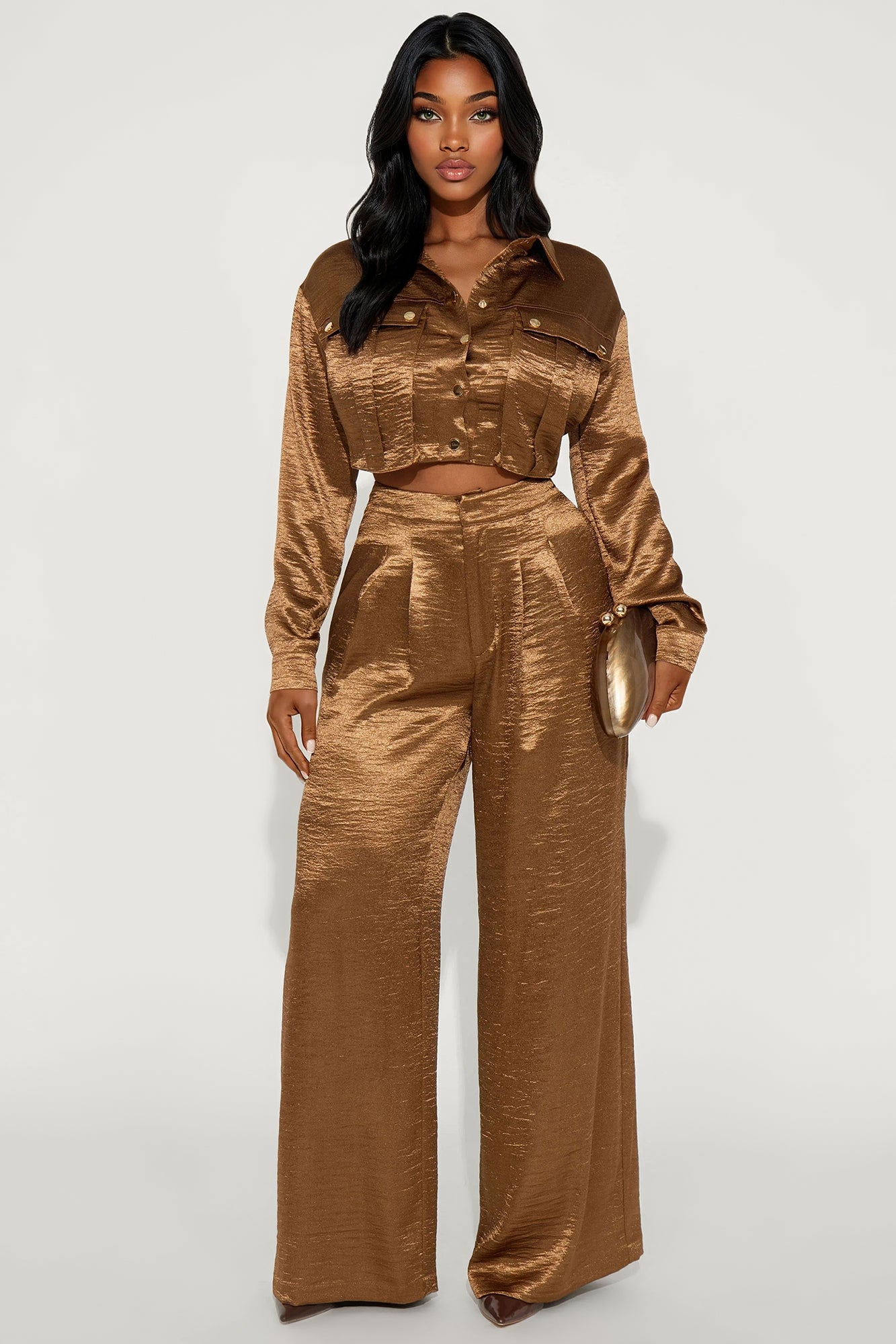 Satin Long Sleeve Pant Set (Bronze)