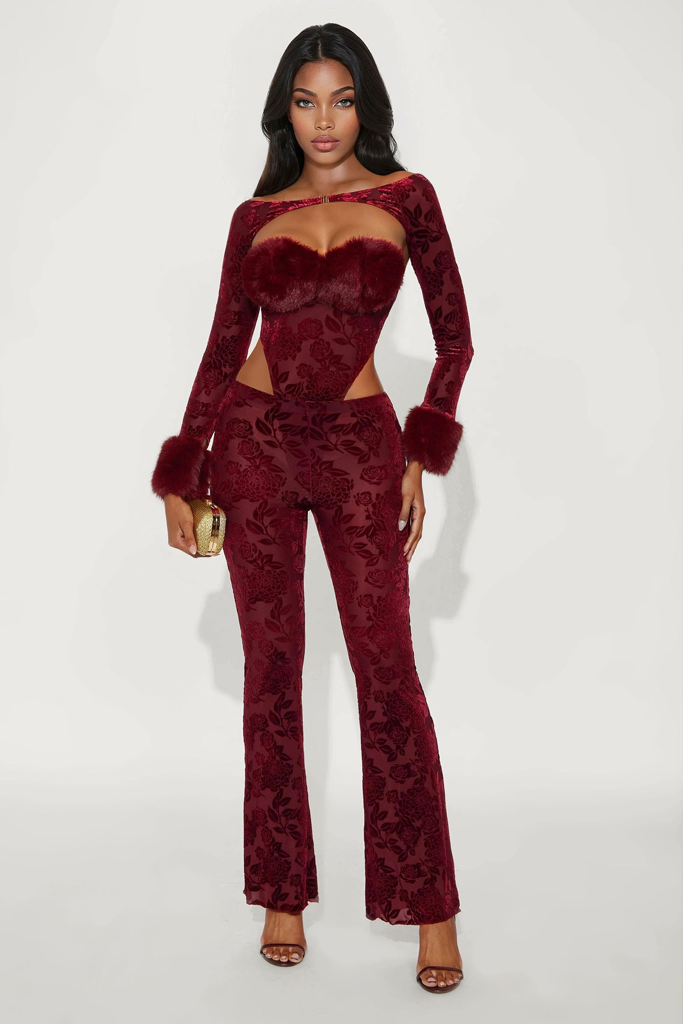 Piece Faux Fur Trim Pant Set (Burgundy)