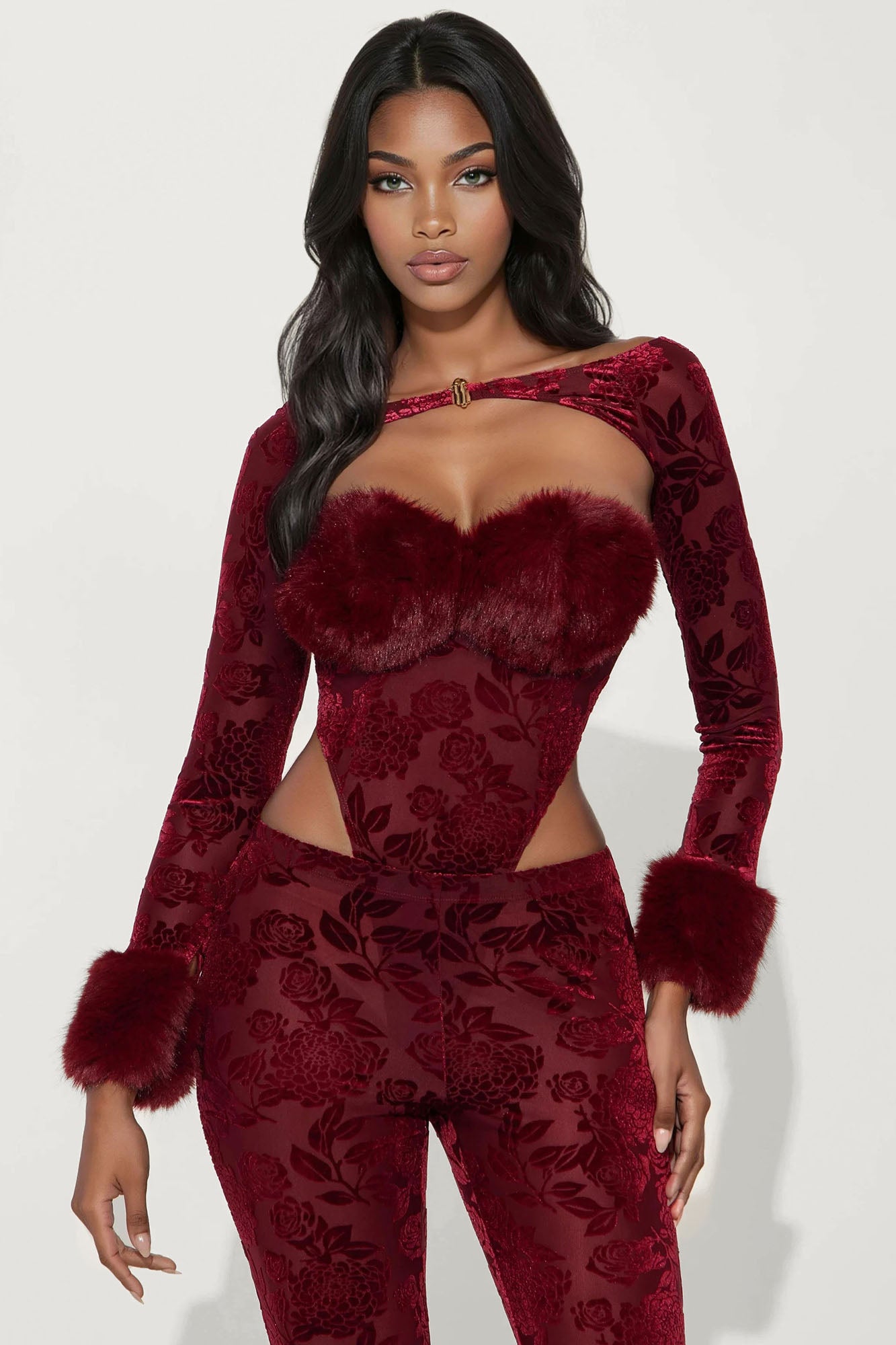Piece Faux Fur Trim Pant Set (Burgundy) image 2