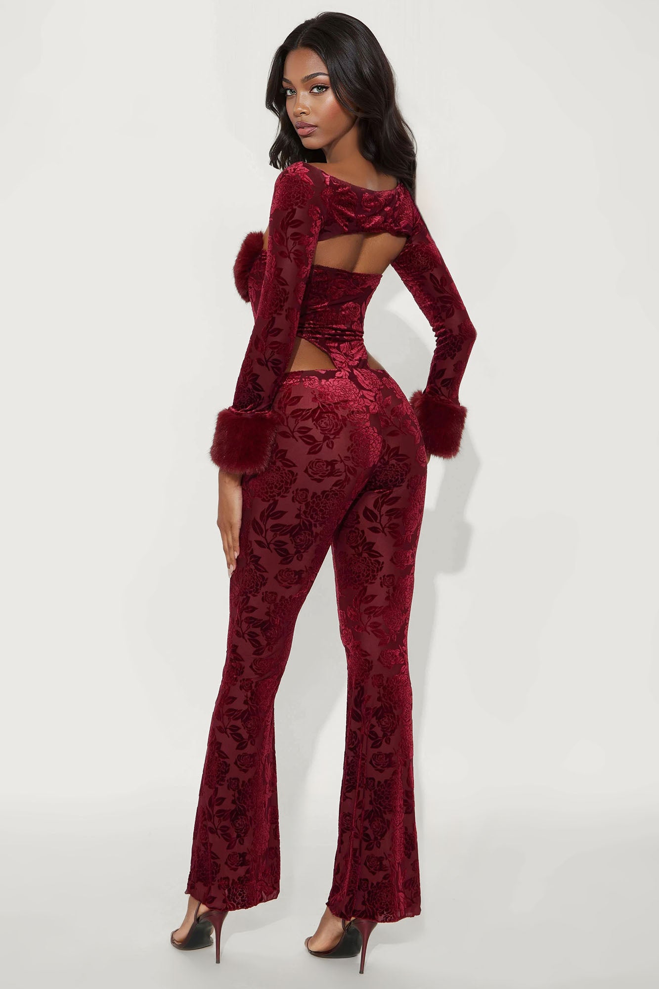 Piece Faux Fur Trim Pant Set (Burgundy) image 3