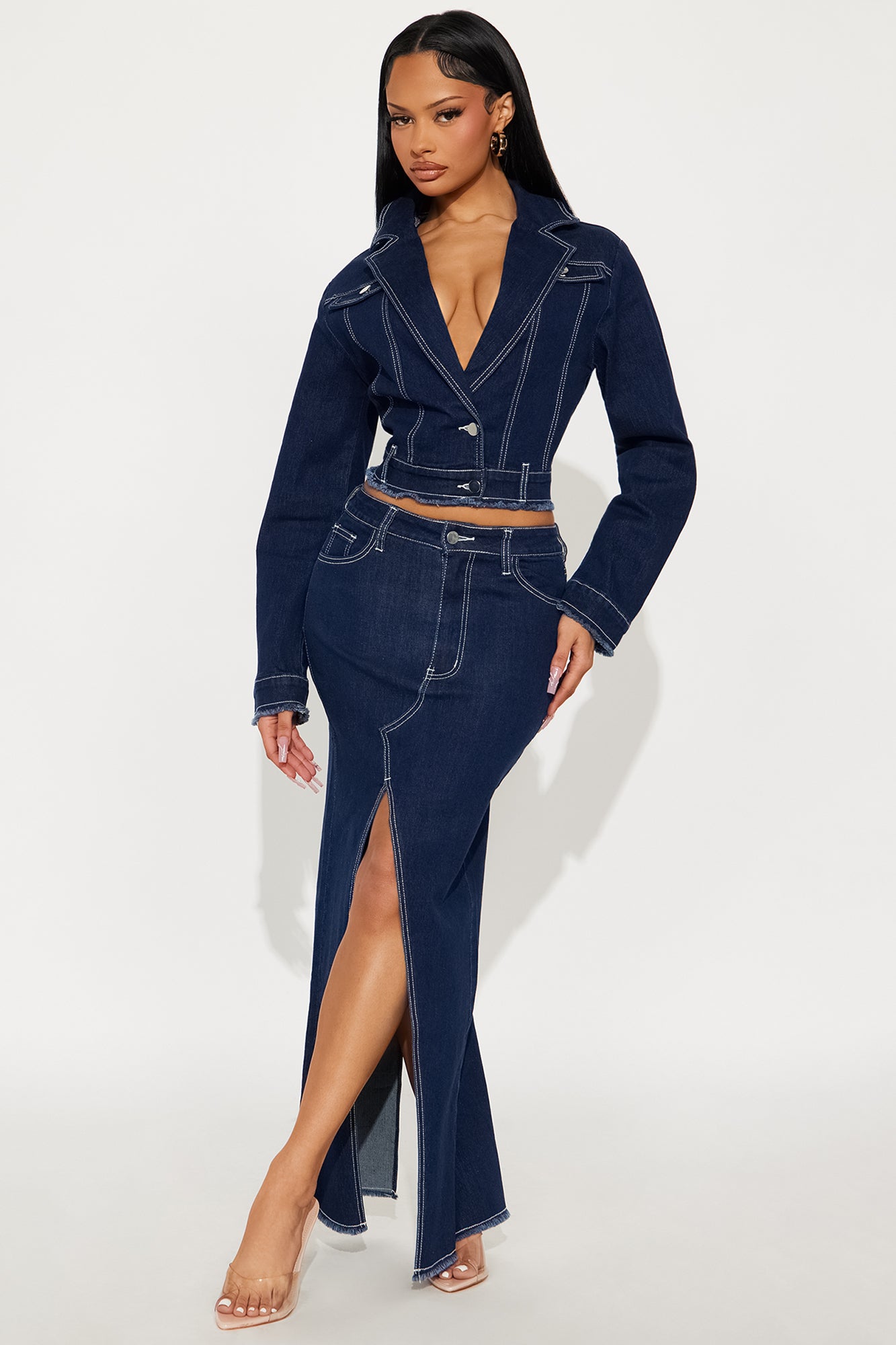 Denim Trench Mini Skirt Set (Dark Wash)