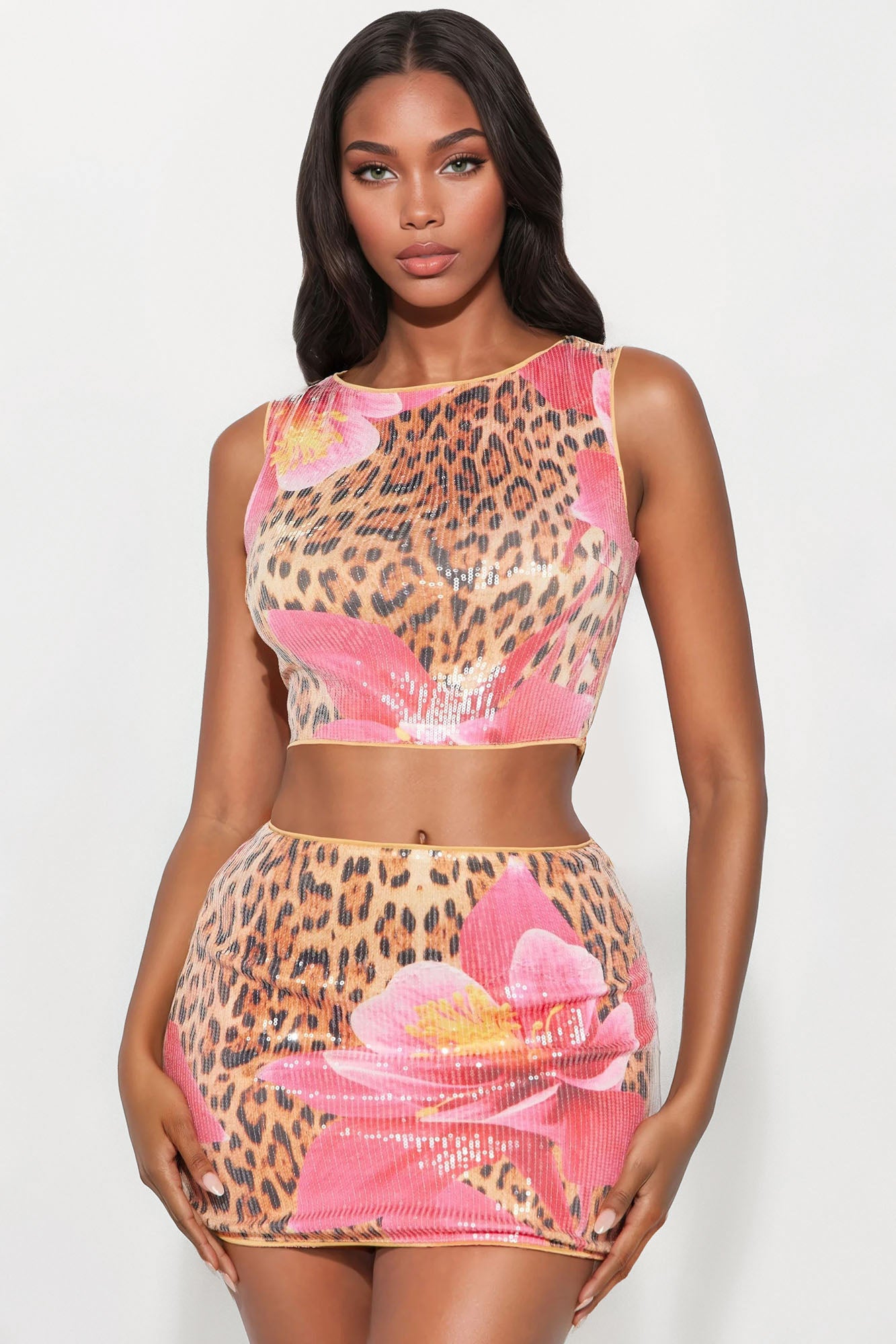 Sequin Leopard Skirt Set (Brown Combo) image 2