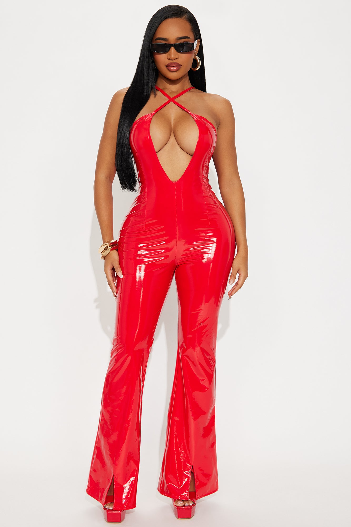 Faux Patent Leather Jumpsuit (Red)