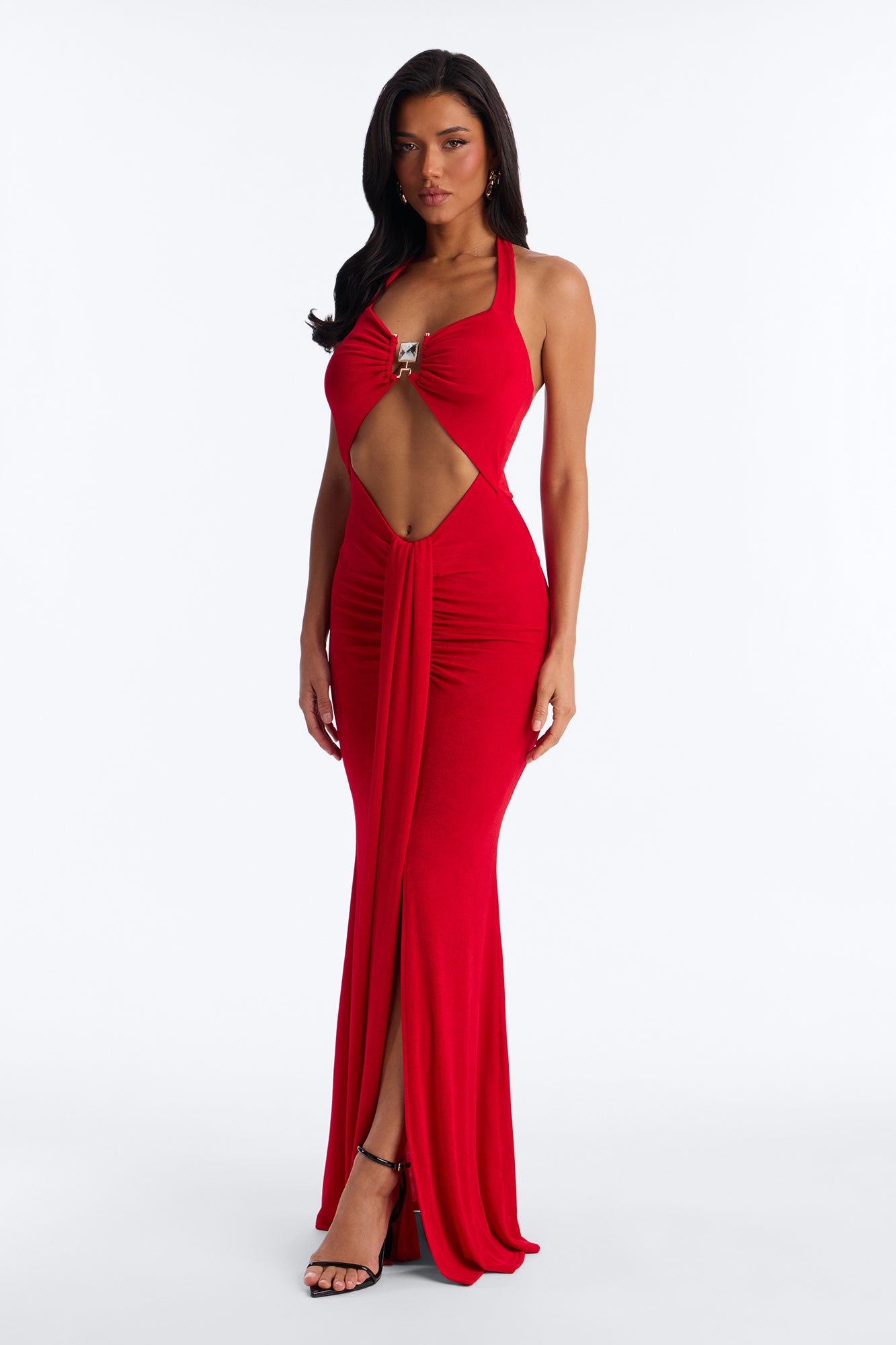 Ruched Draped Maxi Dress (Red)