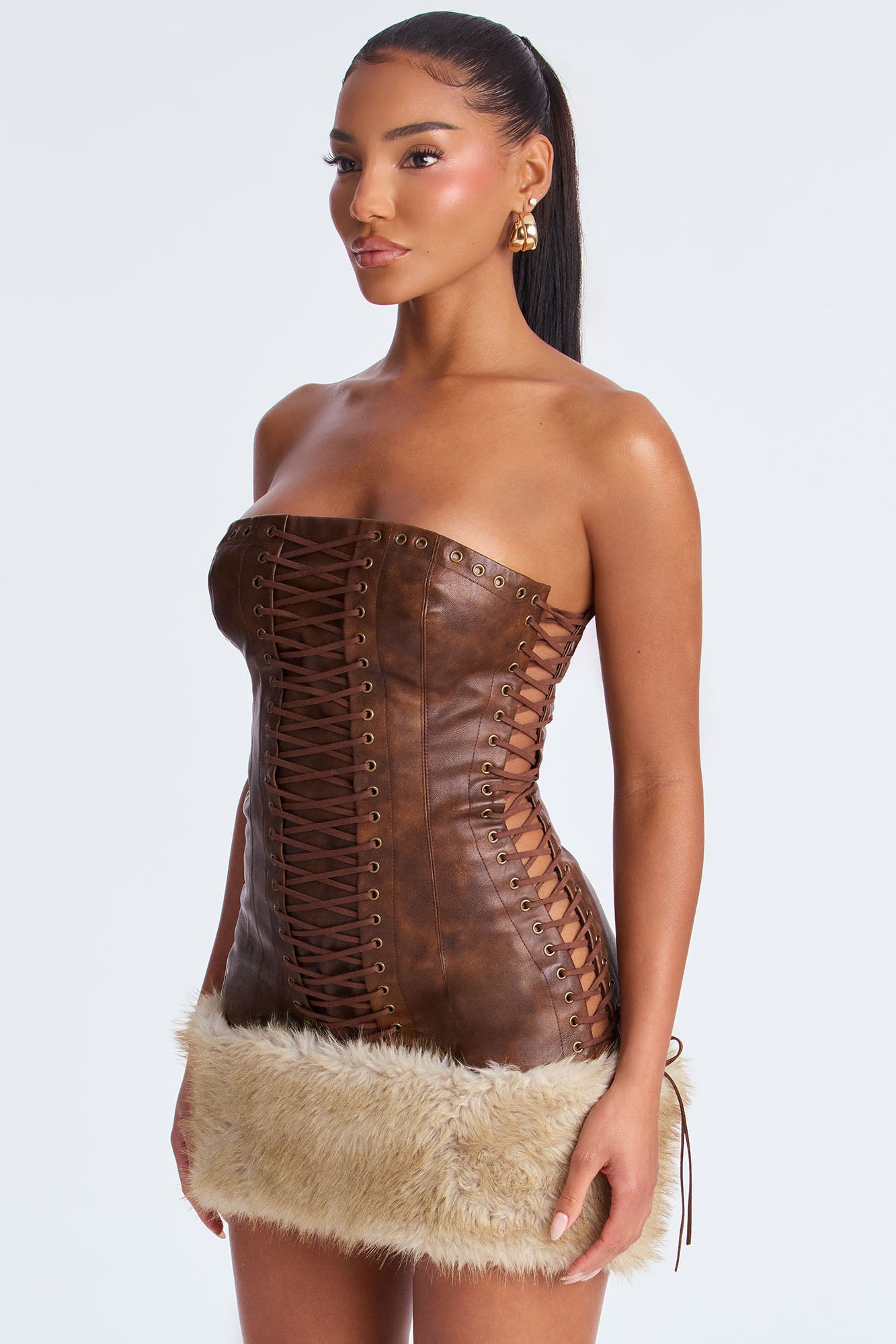 Faux Leather Fur Trim Mini Dress (Brown)